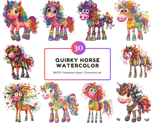 30 Quirky Watercolor Horse Clipart, Whimsical Fantasy PNG (Digital Download)