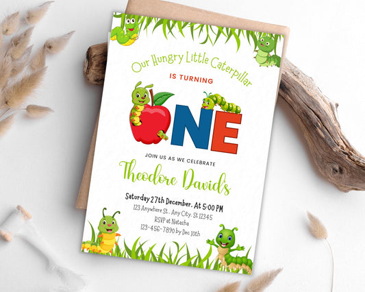 Hungry Caterpillar 1st Birthday Invitation, Apple Worm Theme (Canva Template)