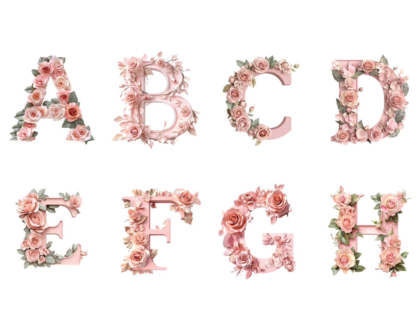 Watercolor Floral Alphabet Clipart Set, Pink Rose Letters (Digital Download)