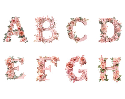Watercolor Floral Alphabet Clipart Set, Pink Rose Letters (Digital Download)