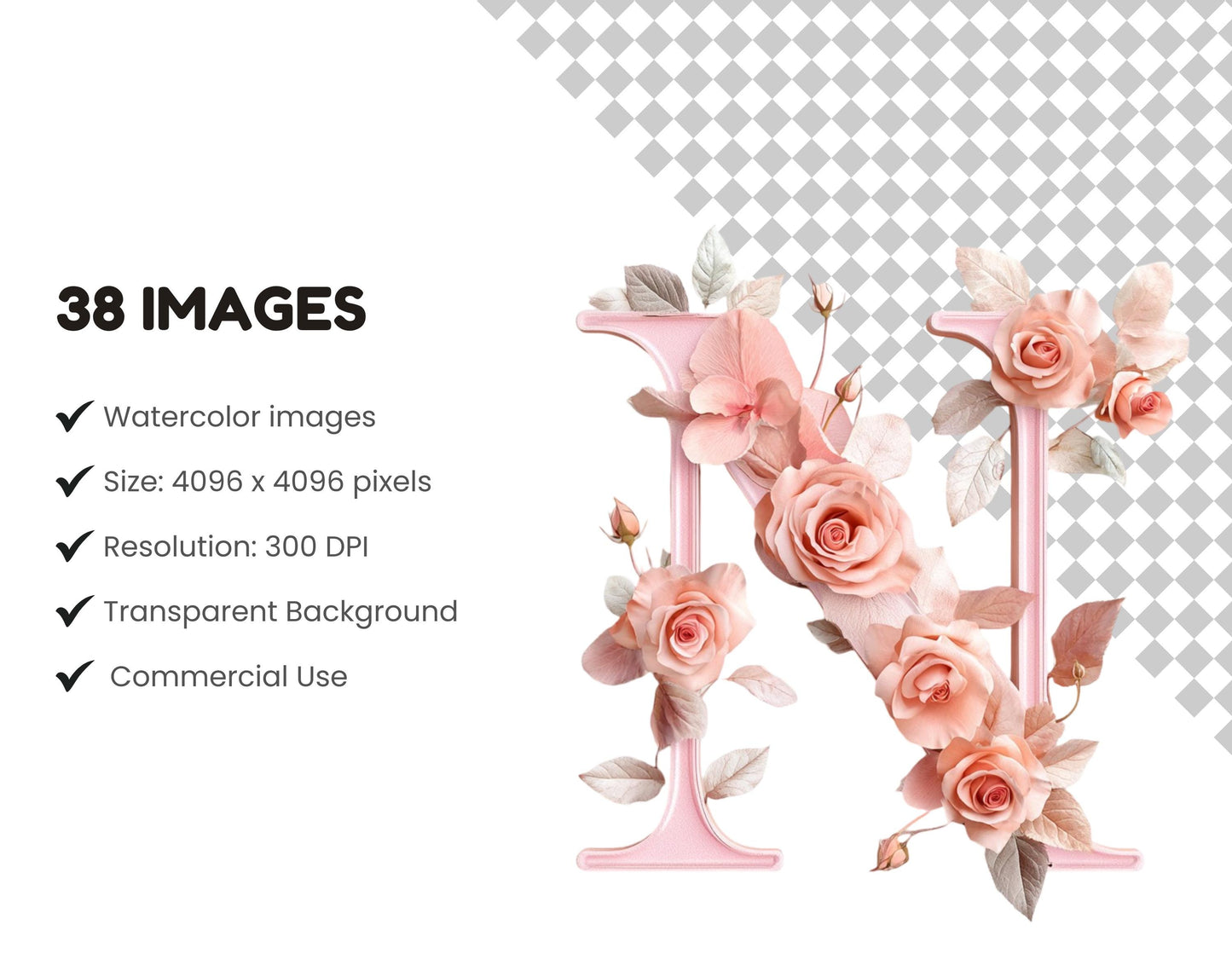 Watercolor Floral Alphabet Clipart Set, Pink Rose Letters (Digital Download)