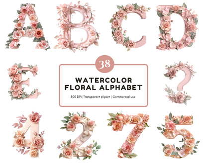 Watercolor Floral Alphabet Clipart Set, Pink Rose Letters (Digital Download)