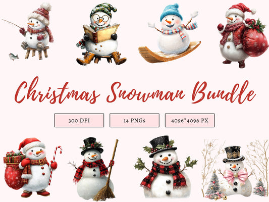 Watercolor Snowman Clipart png Bundle, Snowman Collection Clipart, Peking Snowman Clipart, Cute Snowman Clipart, Christmas Snowman Clipart