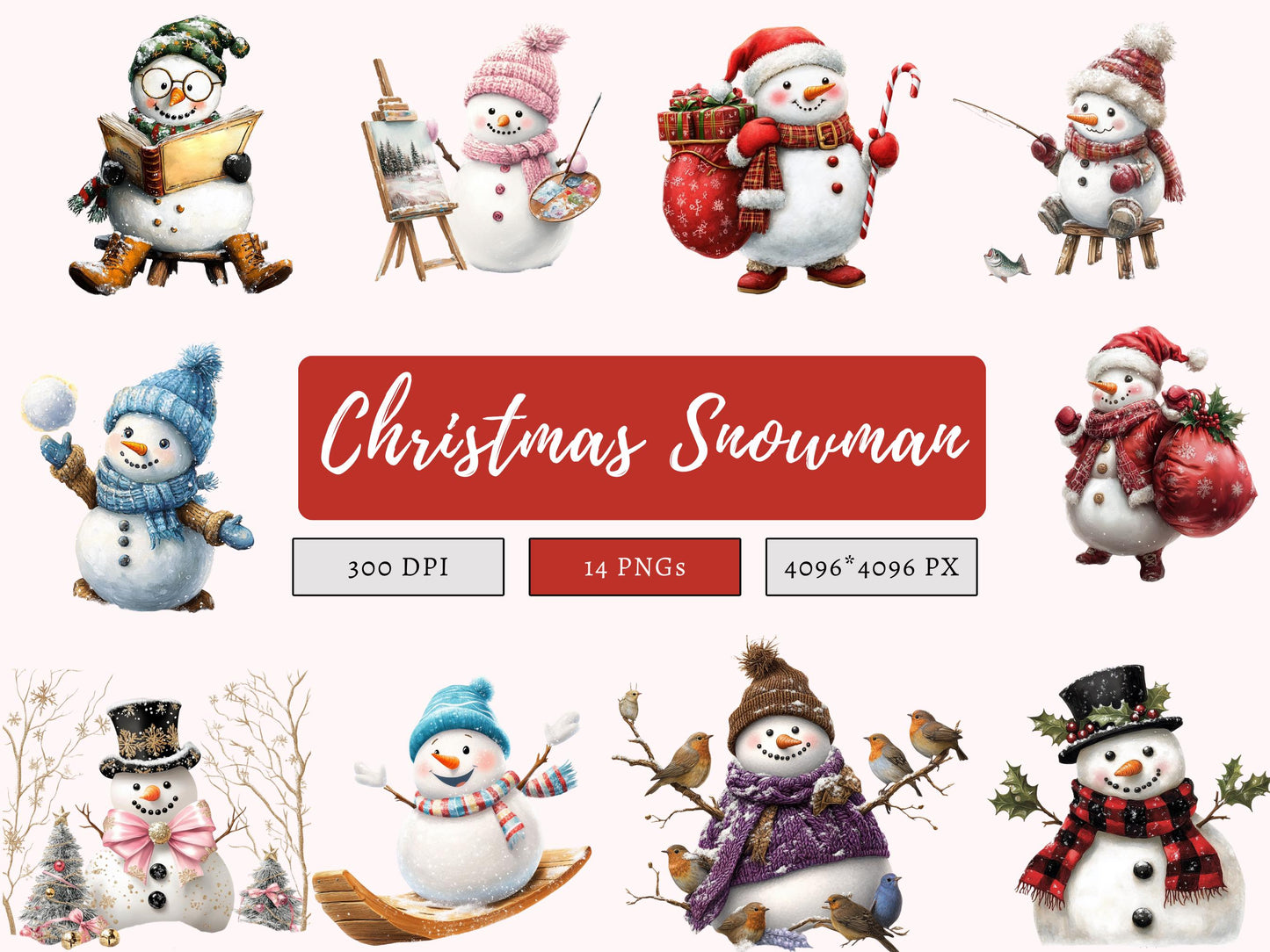 Watercolor Snowman Clipart png Bundle, Snowman Collection Clipart, Peking Snowman Clipart, Cute Snowman Clipart, Christmas Snowman Clipart