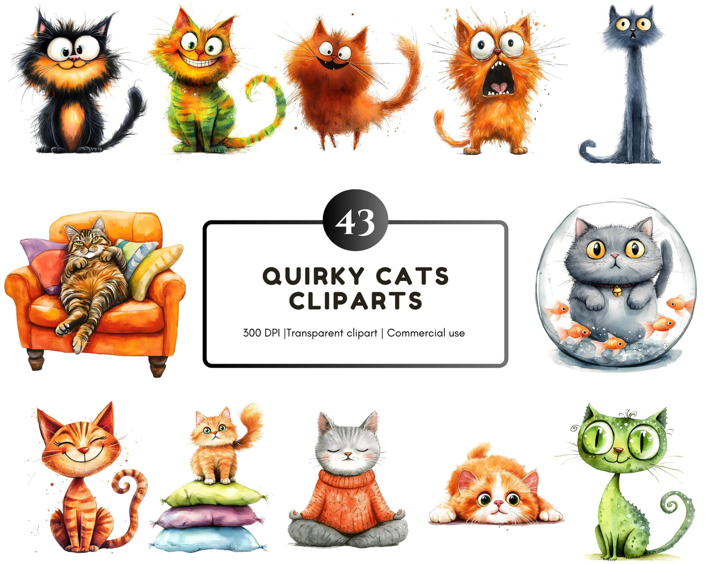 Quirky Cats Clipart Bundle, Whimsical Kitten Illustrations (Digital Download)
