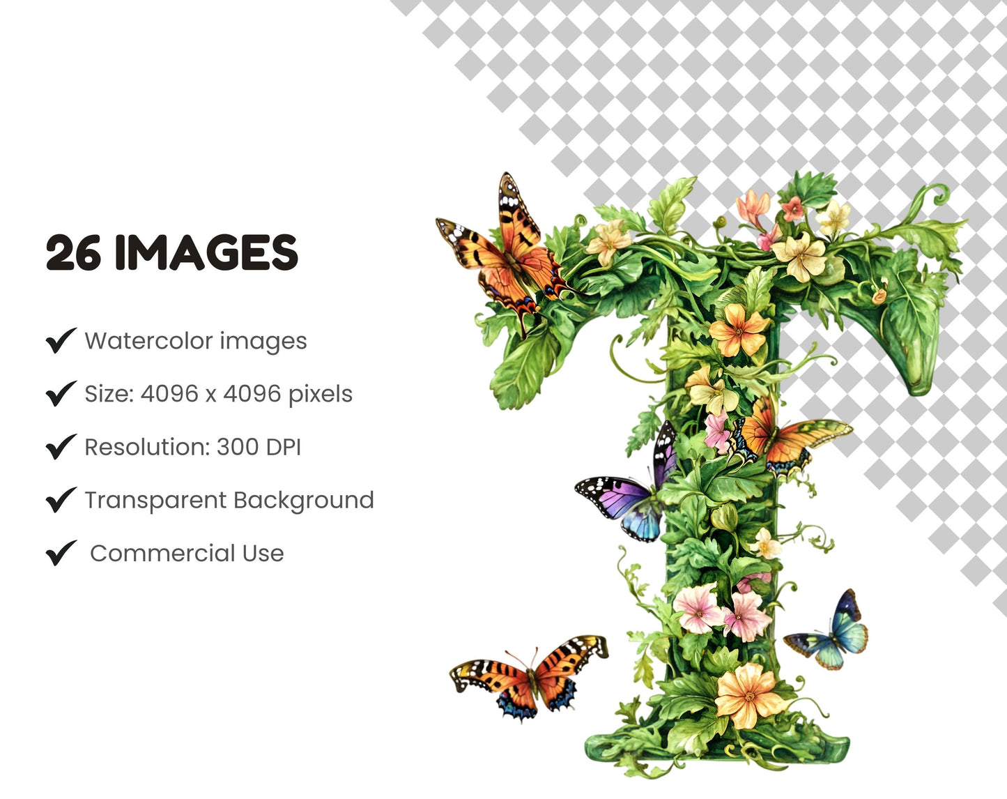 Aquarell-Blumenalphabet-Cliparts, grüne Buchstaben (PNG-Digitaldownload)