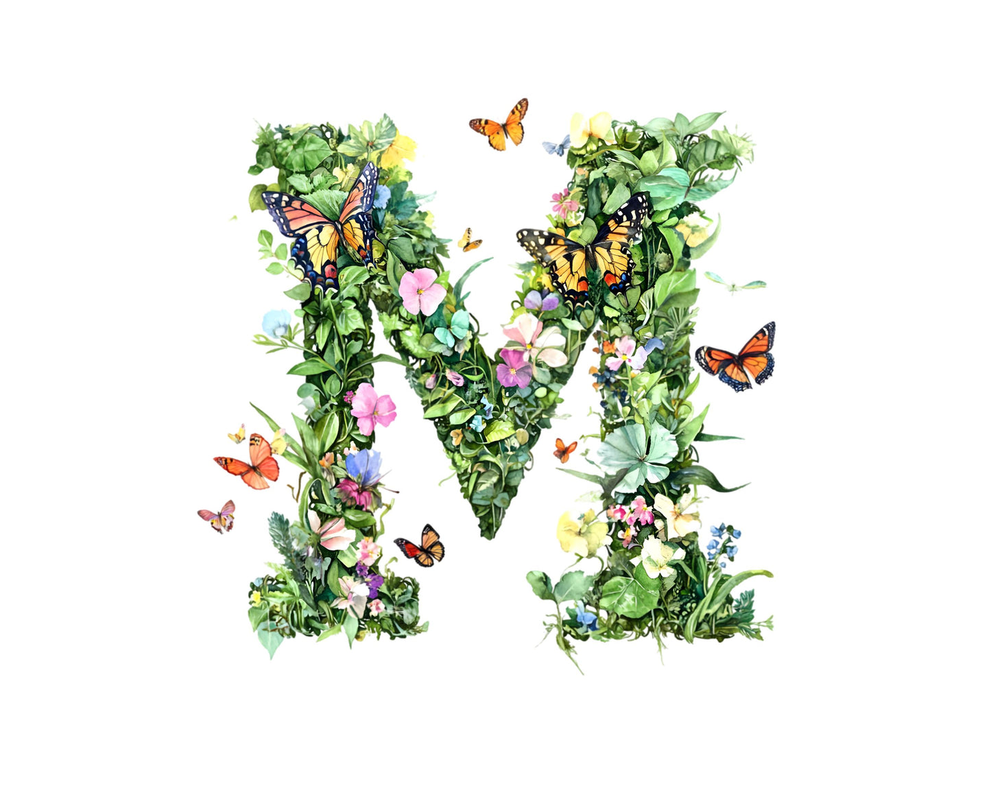 Aquarell-Blumenalphabet-Cliparts, grüne Buchstaben (PNG-Digitaldownload)