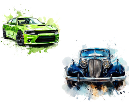 Aquarell-Muscle-Car-Clipart-Bundle, Klassische Automobil-PNG (Digitaler Download)