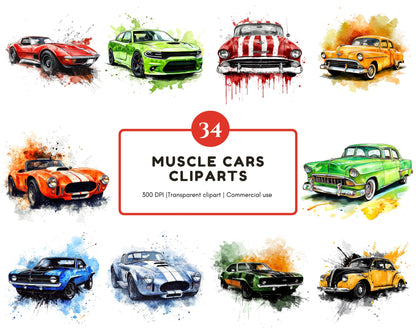 Aquarell-Muscle-Car-Clipart-Bundle, Klassische Automobil-PNG (Digitaler Download)