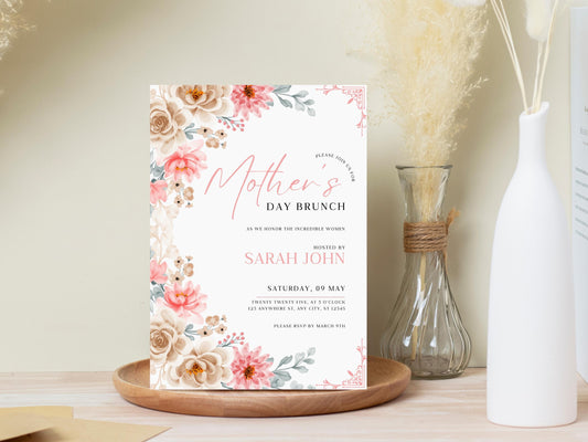 Floral Mother's Day Brunch Invitation Template (5x7, Canva Editable)