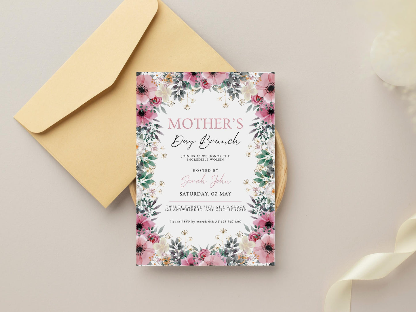 Floral Mother's Day Brunch Invitation Template (Canva Editable)