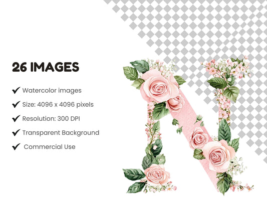 Watercolor Floral Alphabet Clipart. Pink Floral Alphabet Clipart, Alphabet And Number png, Letters Clipart png, Pink Alphabet Clipart