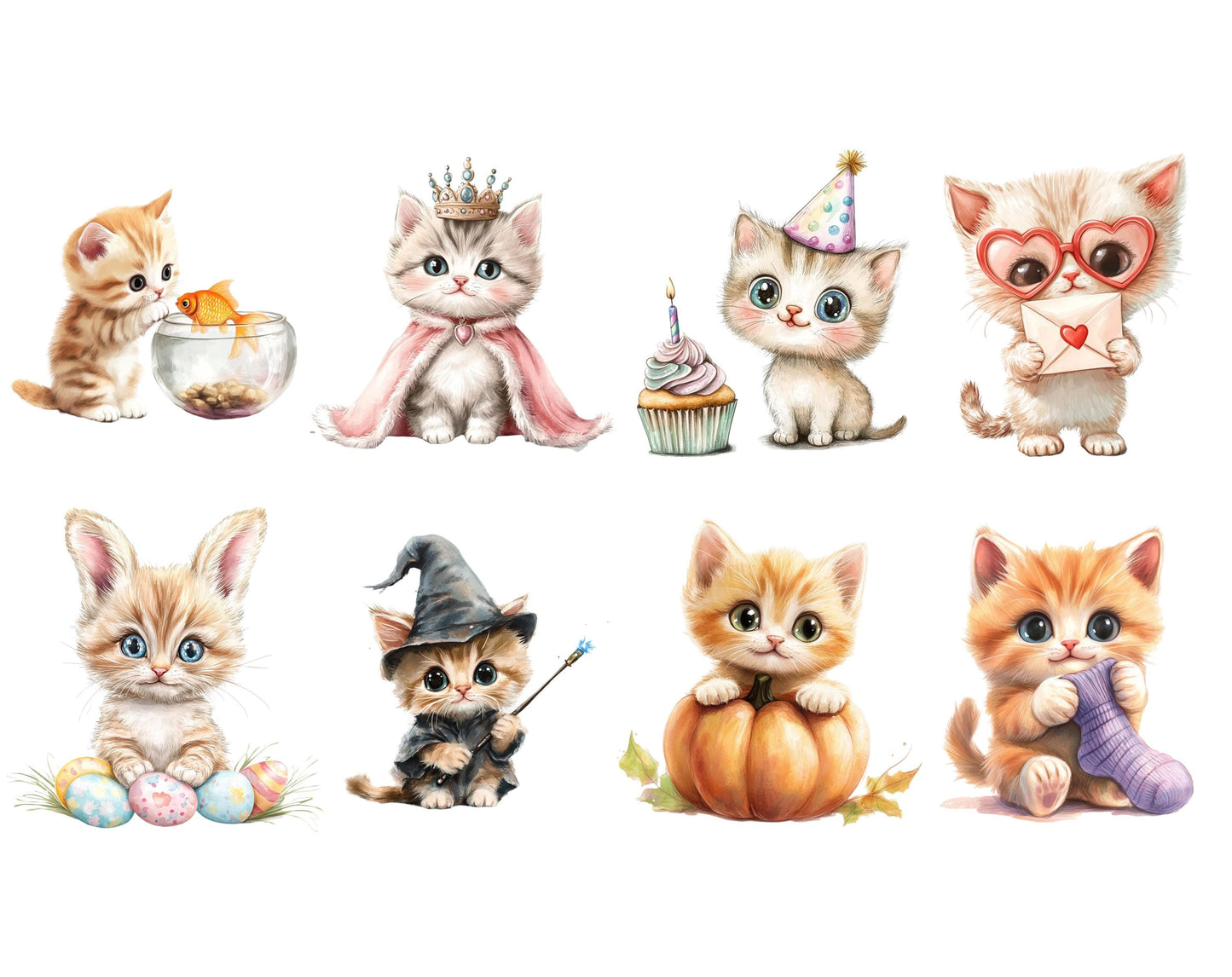 Whimsical Happy Cats Clipart PNG Bundle (Digital Download)