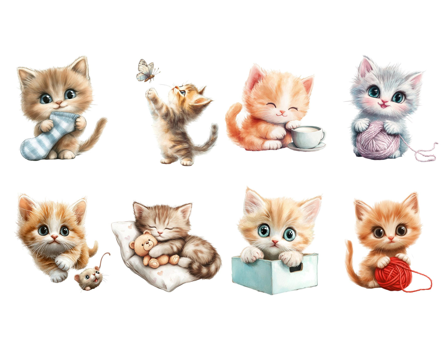 Whimsical Happy Cats Clipart PNG Bundle (Digital Download)