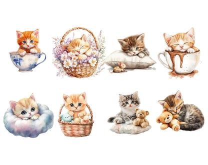 Watercolor Cute Cat Clipart png Bundle, Cute Baby Cat Clipart, Cute Kitten Clipart, Cat Clipart, Baby Cat Clipart, Cute Cat Drawing Clipart