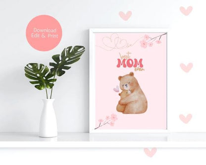 Bear Hug Mother's Day Card, Printable Template (Digital Download)
