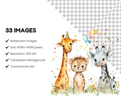Safari Birthday Animal Clipart Bundle, Party Decor (Digital Download)