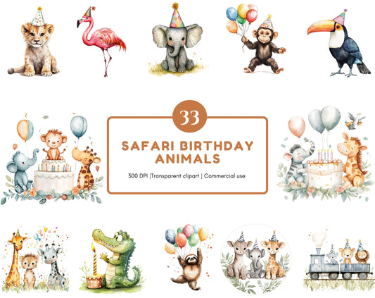 Safari Birthday Animal Clipart Bundle, Party Decor (Digital Download)