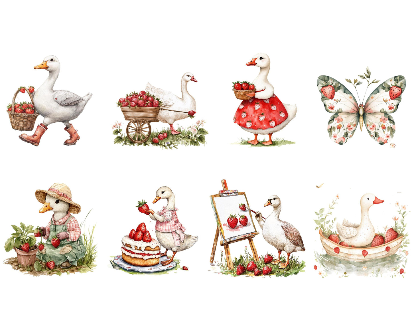 Strawberry Geese Clipart png Bundle, Cute Goose Clipart, Cute Geese Clipart png, Sweet Strawberry Goose Clipart, Strawberries Clipart