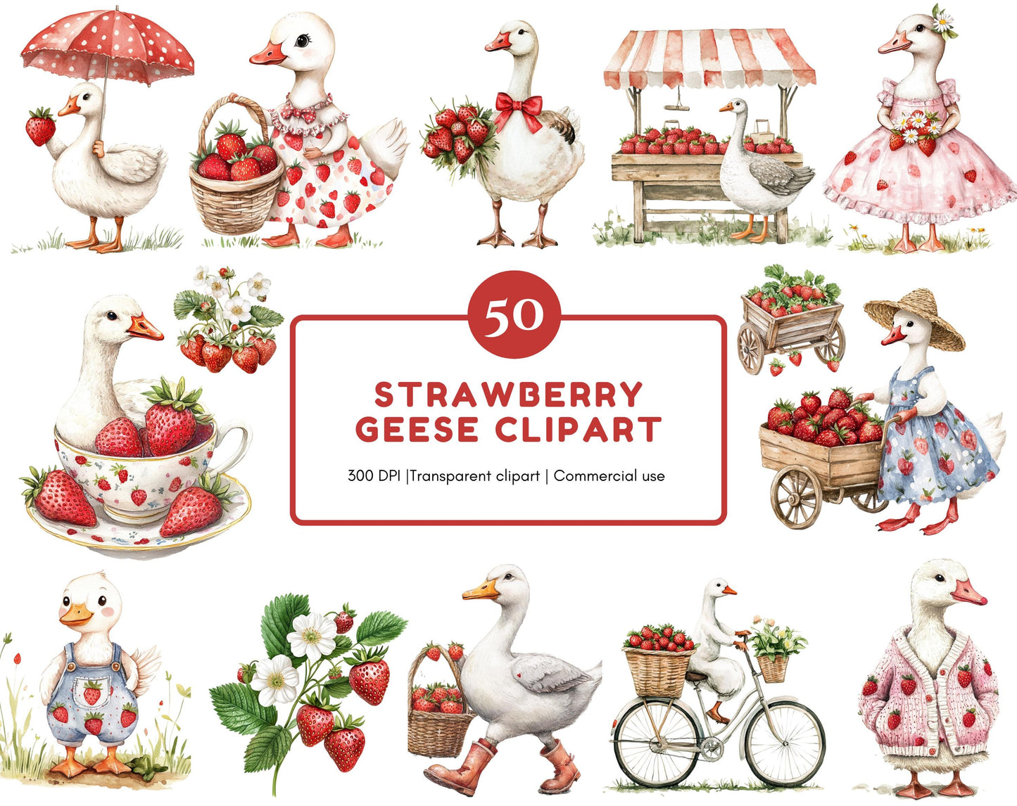 Strawberry Geese Clipart png Bundle, Cute Goose Clipart, Cute Geese Clipart png, Sweet Strawberry Goose Clipart, Strawberries Clipart