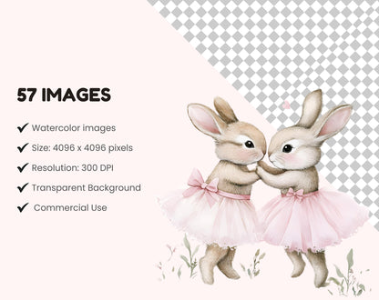 Ballerina Clipart Bundle, Watercolor Ballerina Bunny Clipart, Ballerina Bunny png, Pink Ballerina Bunny Clipart, Ballerina Bunny Baby Shower