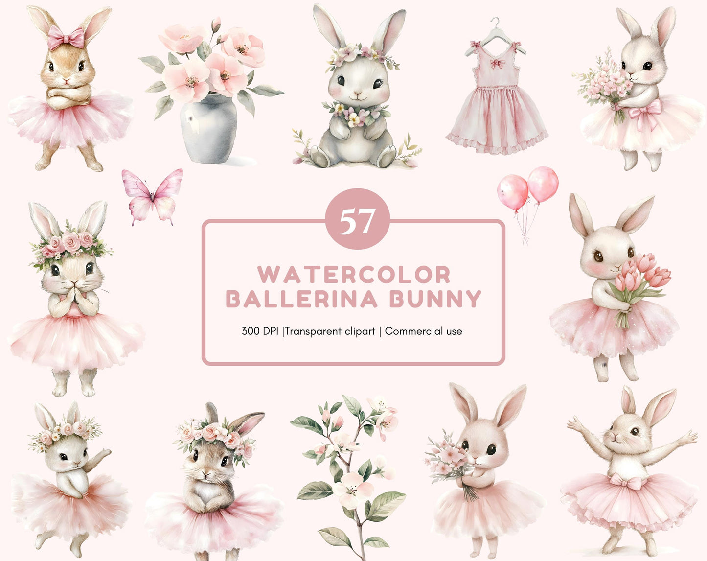 Ballerina Clipart Bundle, Watercolor Ballerina Bunny Clipart, Ballerina Bunny png, Pink Ballerina Bunny Clipart, Ballerina Bunny Baby Shower