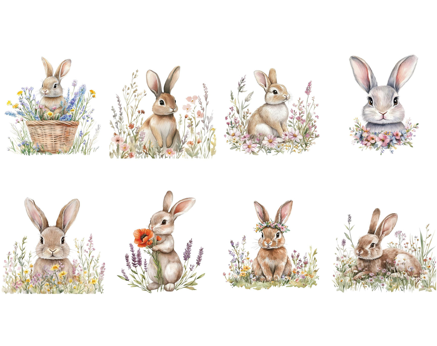 Watercolor Bunny Clipart Bundle, Floral Nursery Art (Digital Download)