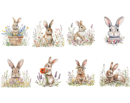 Watercolor Bunny Clipart Bundle, Floral Nursery Art (Digital Download)