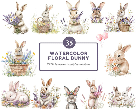 Watercolor Bunny Clipart Bundle, Floral Nursery Art (Digital Download)