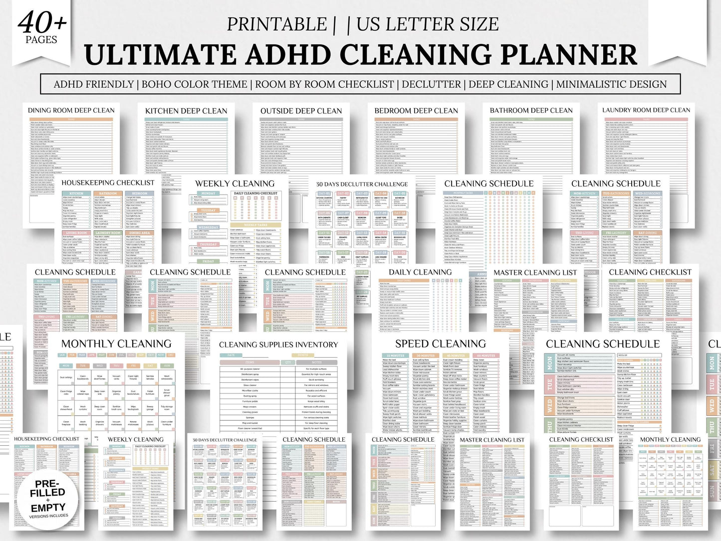 ADHD Cleaning Planner, Boho Style, 42 Printable Pages (Instant Download)