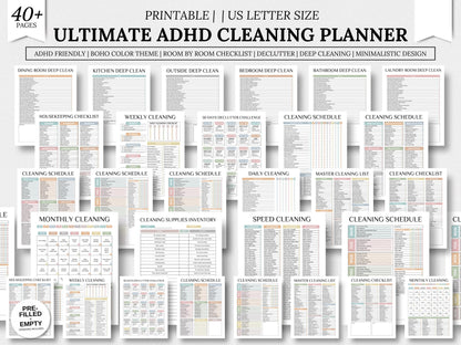 ADHD Cleaning Planner, Boho Style, 42 Printable Pages (Instant Download)