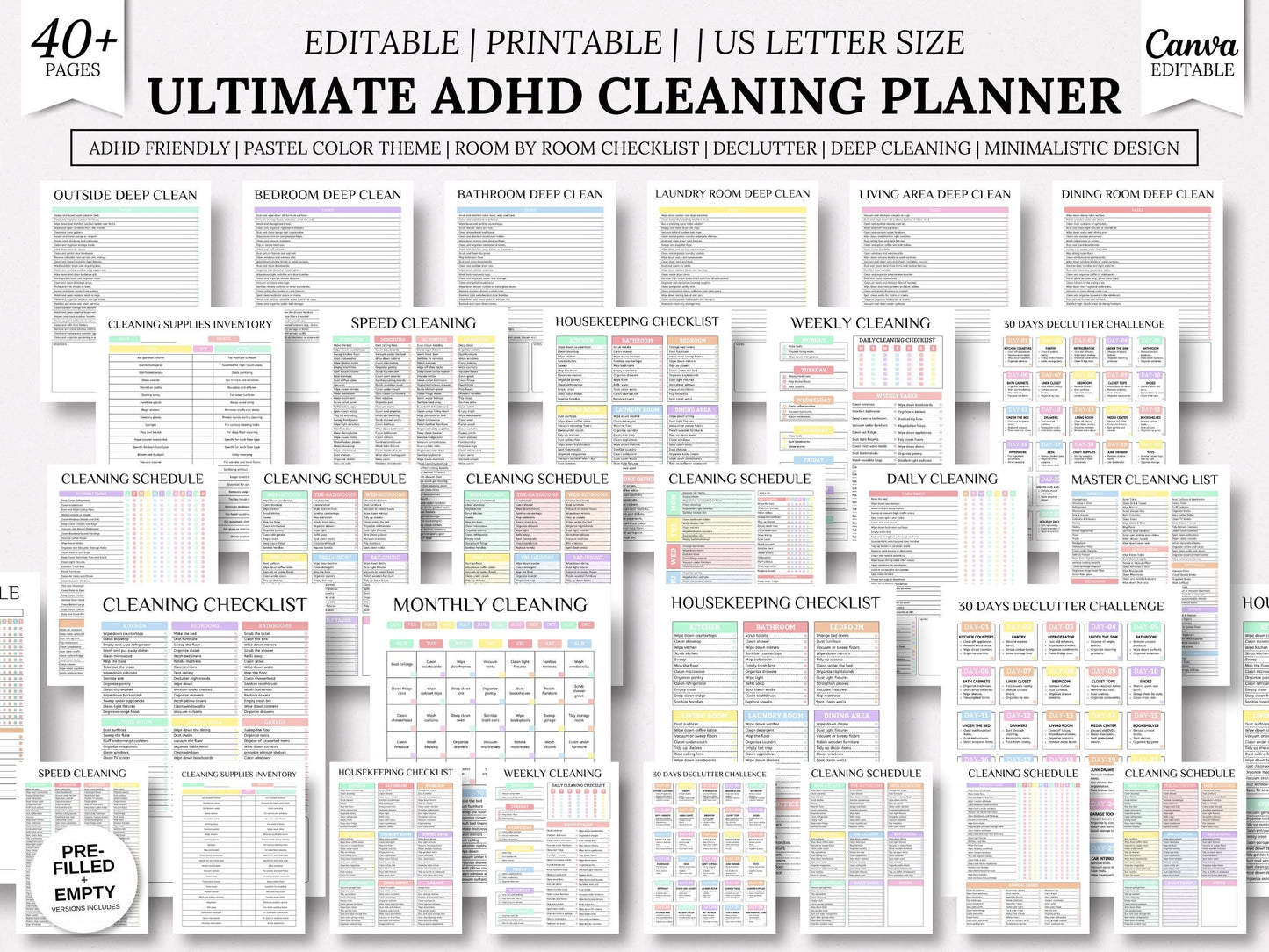 Pack de planification du nettoyage pour les personnes atteintes de TDAH, liste de contrôle modifiable, nettoyage quotidien (téléchargement numérique)