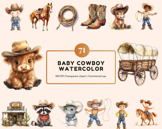Watercolor Baby Cowboy Clipart Bundle, Wild West Graphics (PNG)