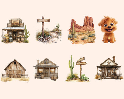 Watercolor Baby Cowboy Clipart Bundle, Wild West Graphics (PNG)