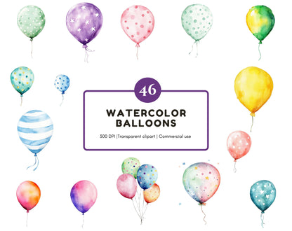 Watercolor Balloon Clipart Set, Birthday & Baby Shower (Digital Download)
