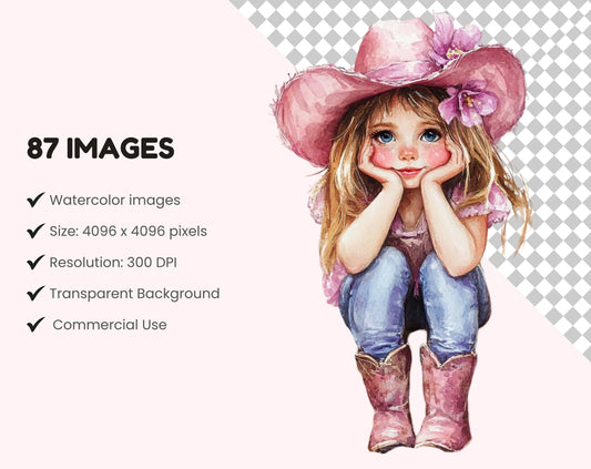 Watercolor Cowgirl Clipart Bundle, 87 PNG Files (Digital Download)