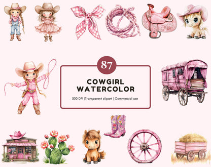 Watercolor Cowgirl Clipart Bundle, 87 PNG Files (Digital Download)