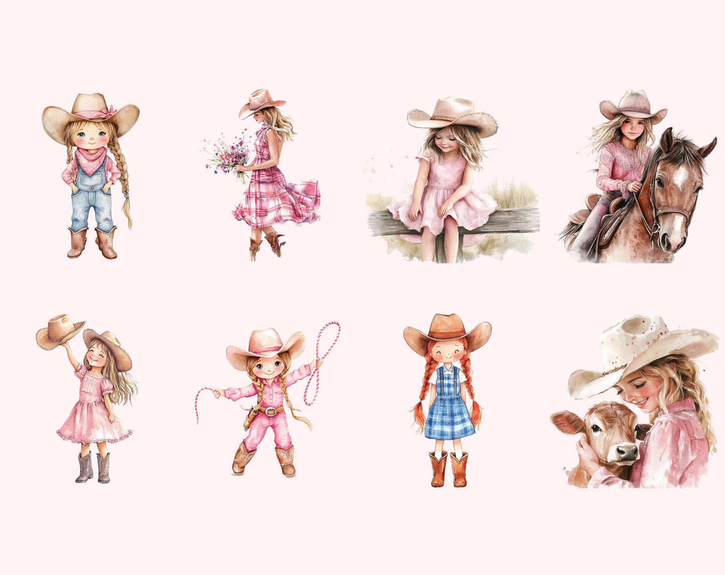 Watercolor Cowgirl Clipart Bundle, 87 PNG Files (Digital Download)