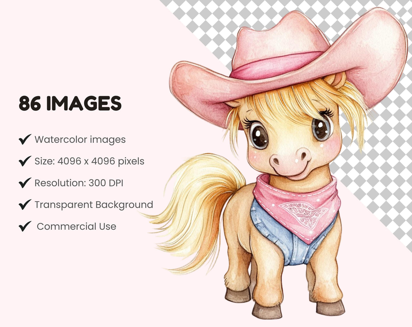 Pink Cowgirl Watercolor Clipart Bundle (PNG)