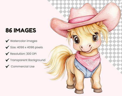 Pink Cowgirl Watercolor Clipart Bundle (PNG)
