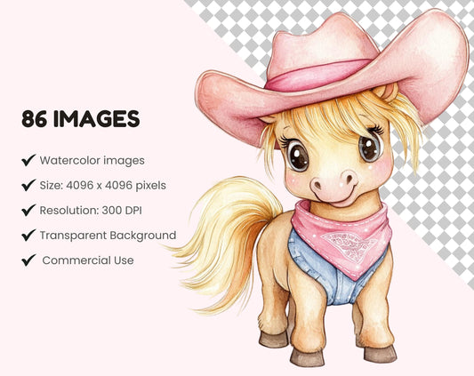 Pink Cowgirl Watercolor Clipart Bundle (PNG)