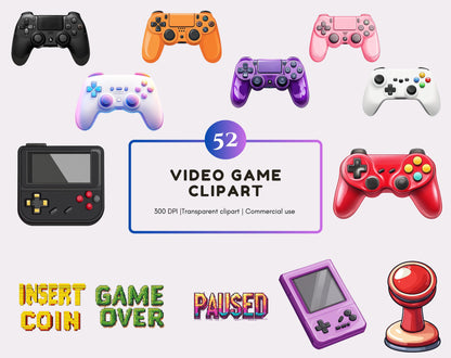Watercolor Video Game Clipart Bundle, 52 PNG Graphics (Digital Download)