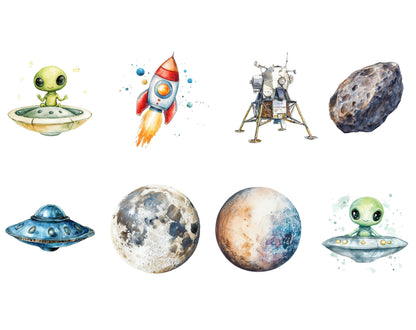 Watercolor Space Clipart Bundle, Astronauts, Rockets (Digital Download)