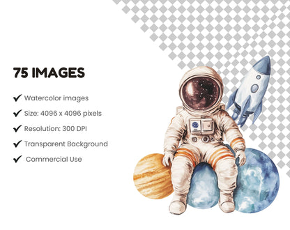 Watercolor Space Clipart Bundle, Astronauts, Rockets (Digital Download)