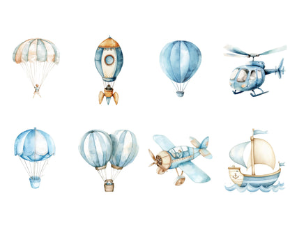 Watercolor Air Transport Clipart Bundle, Airplane, Balloons (Instant Download)