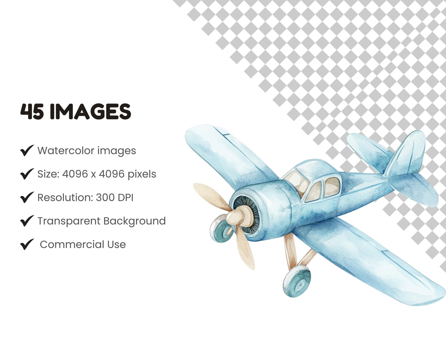 Watercolor Air Transport Clipart Bundle, Airplane, Balloons (Instant Download)