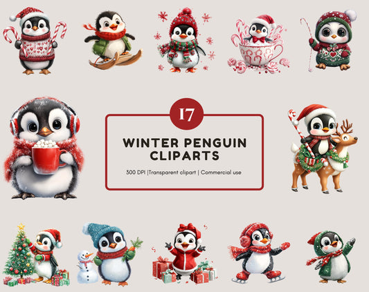 Watercolor Christmas Penguin Clipart Bundle (PNG, 4096x4096 px)