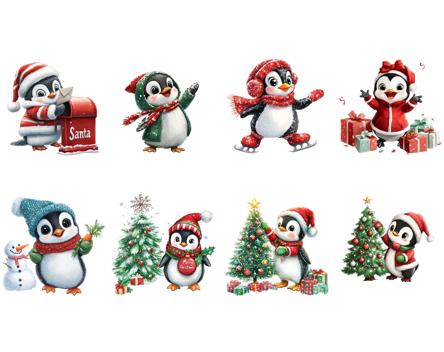 Watercolor Christmas Penguin Clipart Bundle (PNG, 4096x4096 px)