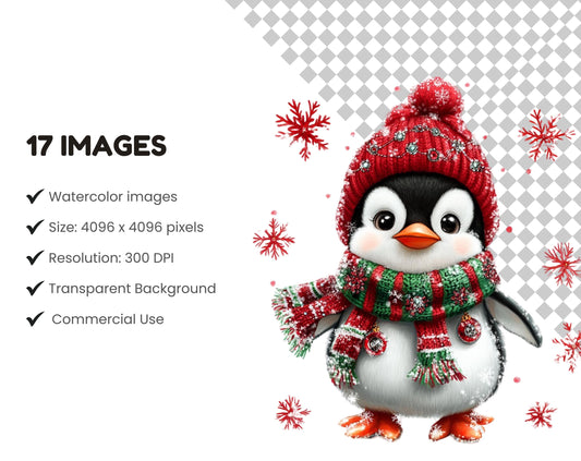 Watercolor Christmas Penguin Clipart Bundle (PNG, 4096x4096 px)