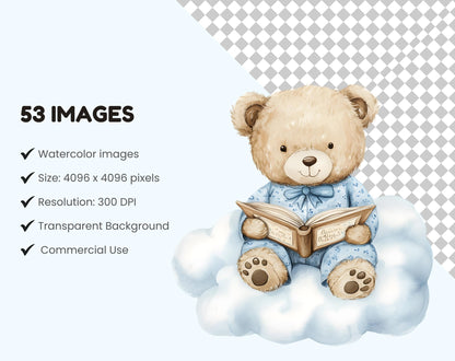 Blaues Teddybär-Clipart-Bundle, Aquarell-Teddybär-Clipart, Teddybär-PNG, Niedlicher Teddybär, Teddybär-Clipart für Babypartys